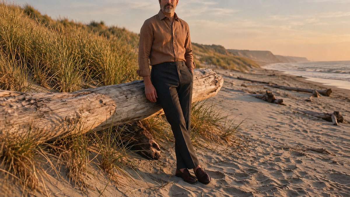 The Jack 140 in Soft Terracota Linen worn