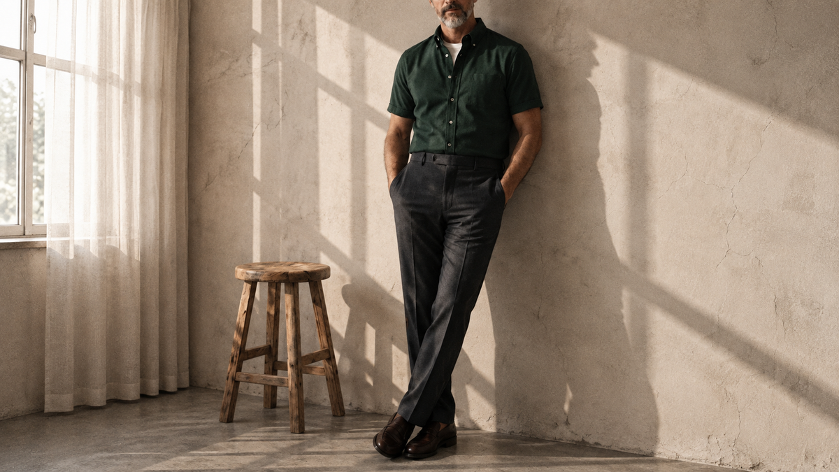 The Short Sleeve Atticus 160 in Deep Olive Indian Cotton worn