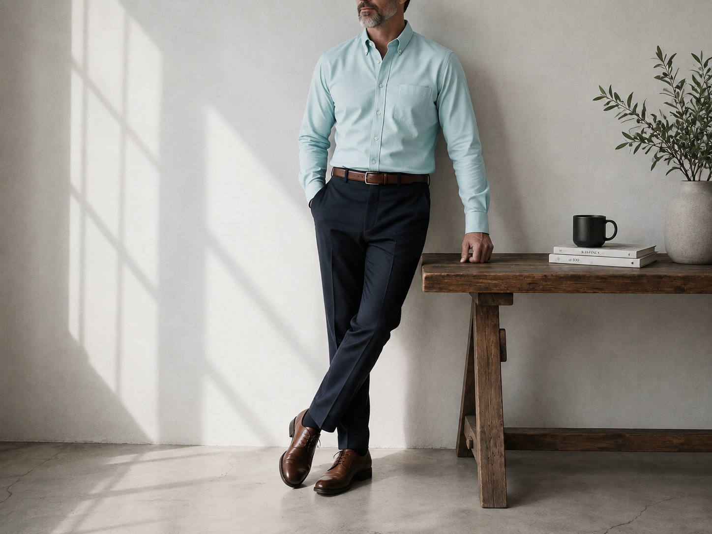The Atticus 160 in Sea Glass Pinpoint Oxford Cotton worn