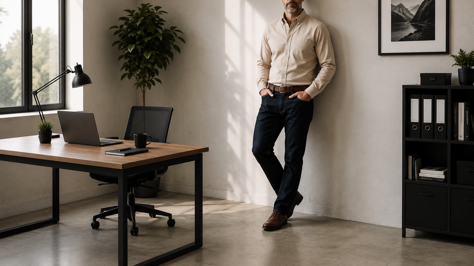 The Atticus 160 in Almond Milk Pinpoint Oxford Cotton worn