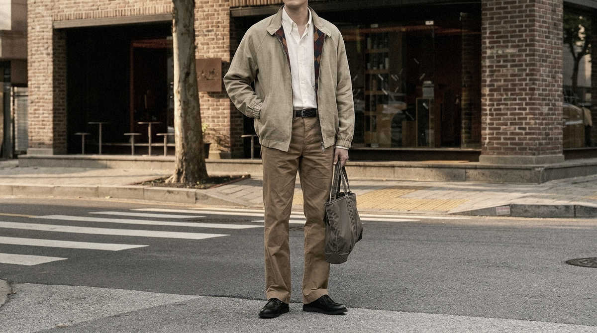The Harrington 235 in Desert Storm Linen worn