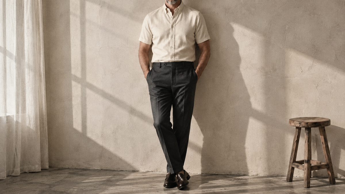 The Short Sleeve Atticus 120 in Warm Ivory Cotton Flax worn