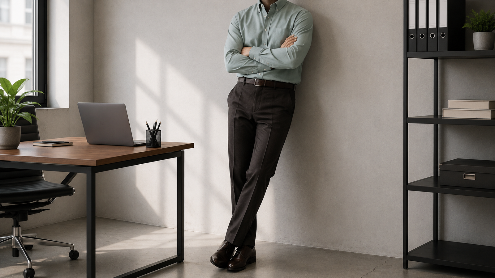 The Atticus 160 in Seafoam Blue Pinpoint Oxford Cotton worn