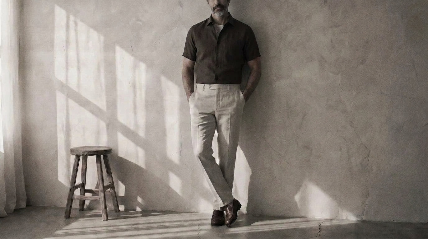 The Short Sleeve Jack 160 in Smoked Burgundy Indian Cotton worn