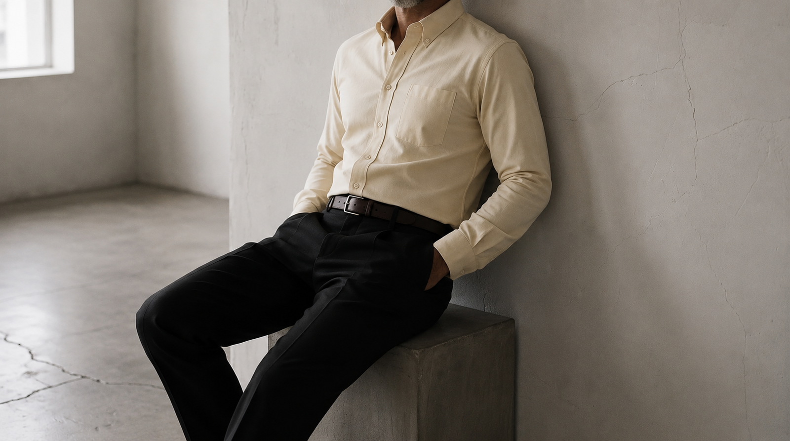 The Atticus 160 in Safari Dust Pinpoint Oxford Cotton worn