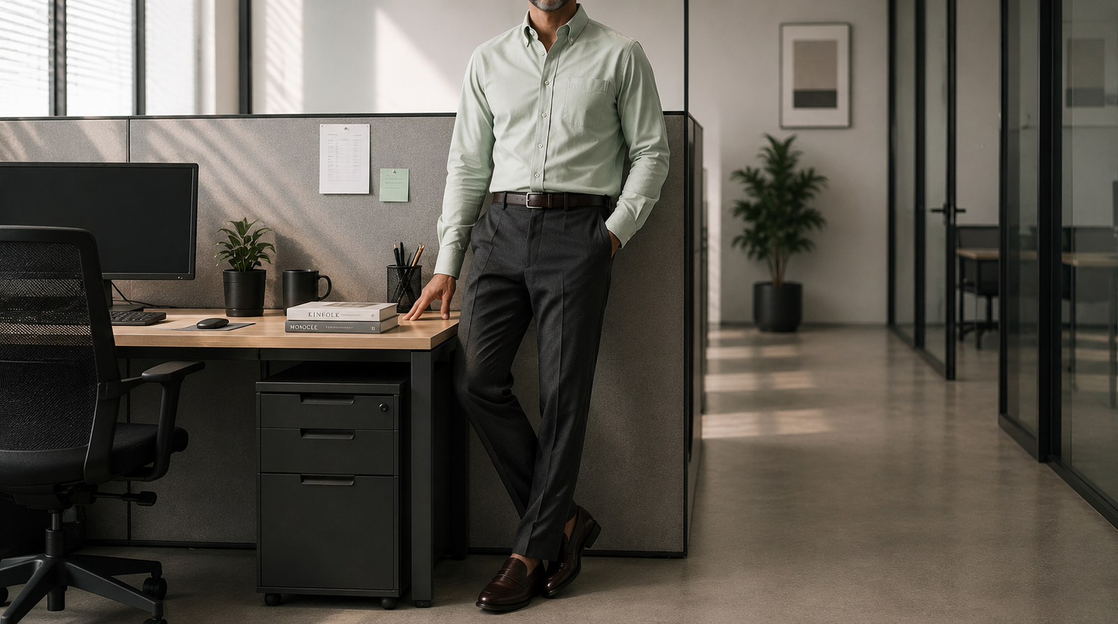 The Atticus 160 in Mint Matcha Pinpoint Oxford Cotton worn