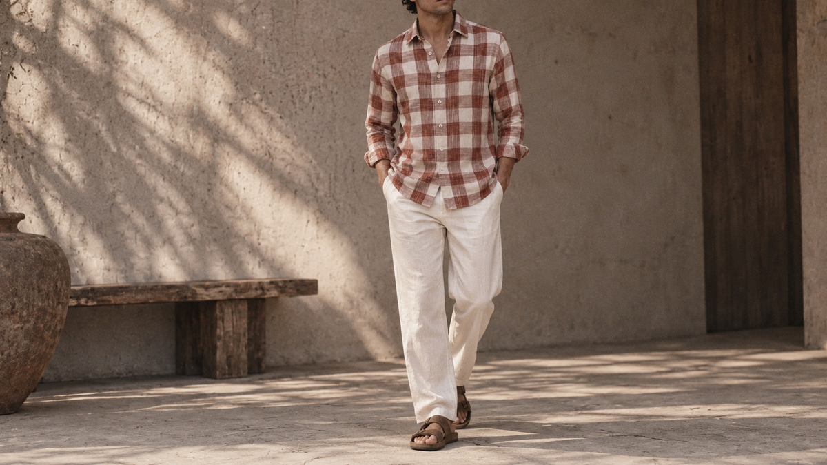 The Jack 115 in Cinnabar Check Khadi Cotton worn