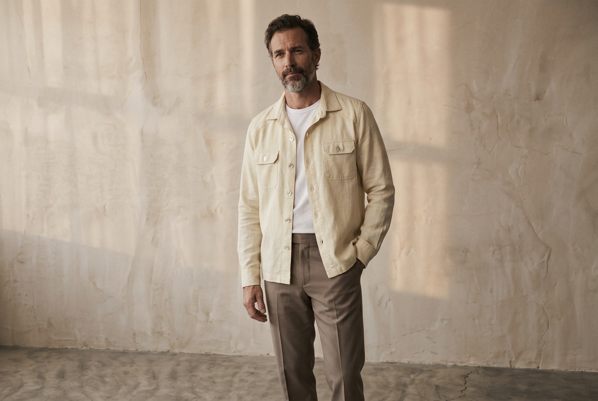 The Fletcher 235 in Soft Cream Linen worn