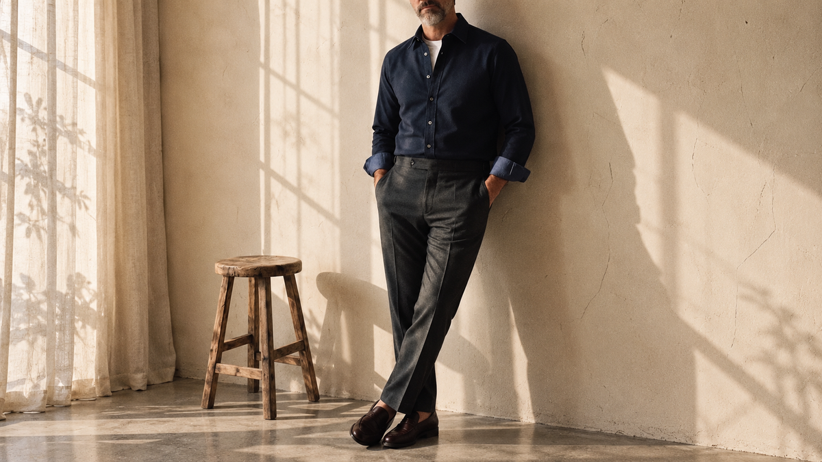 The Jack 160 in Deep Navy Oxford Cotton worn