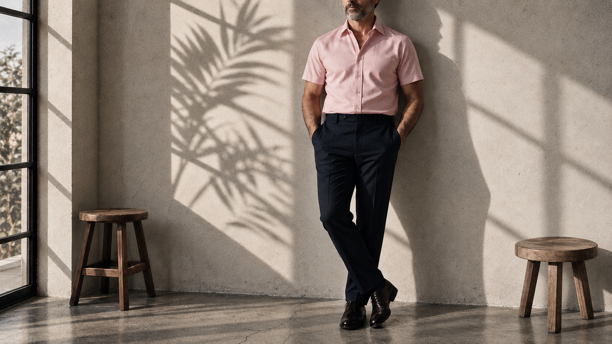 The Short Sleeve Jack 160 in Lilac Indian Cotton worn