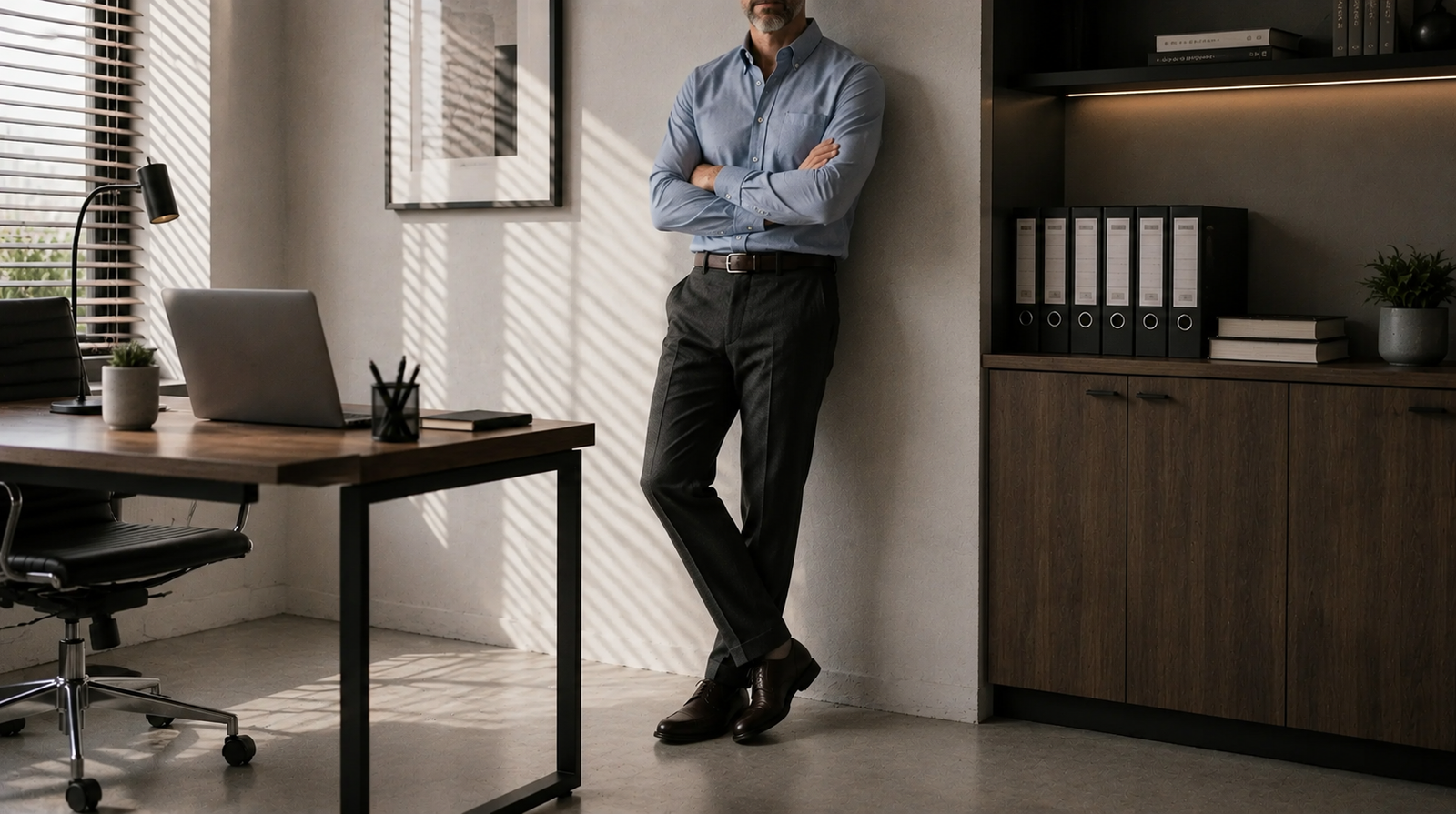 The Atticus 160 in Washed Iris Pinpoint Oxford Cotton worn