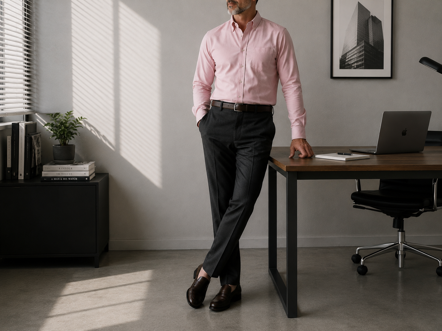 The Atticus 160 in Lilac Pinpoint Oxford Cotton worn