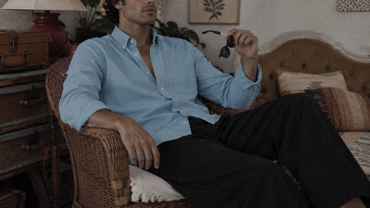 The Atticus 160 in Sky Blue Oxford Cotton worn