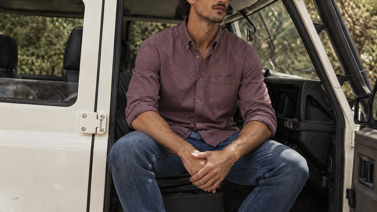 The Atticus 125 in Smoked Plum Linen worn