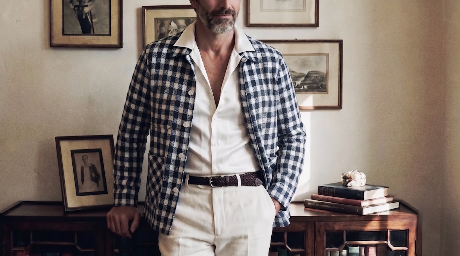 The Conrad 225 in Blueprint Khadi Cotton worn
