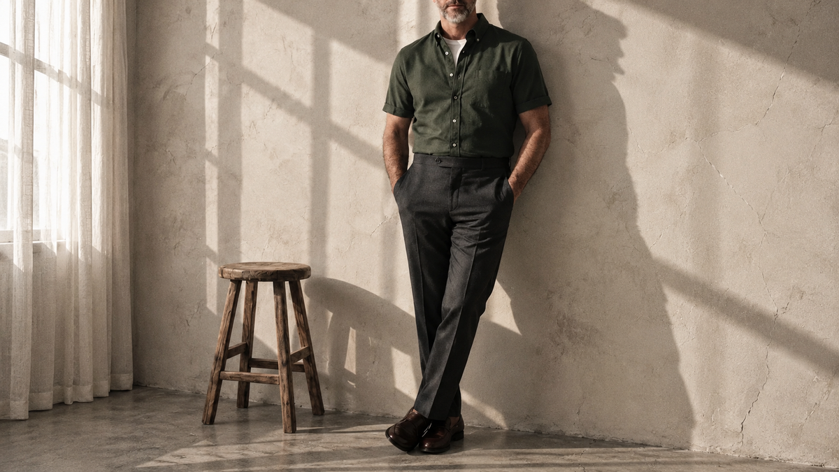 The Short Sleeve Atticus 160 in Moss Green Indian Cotton worn