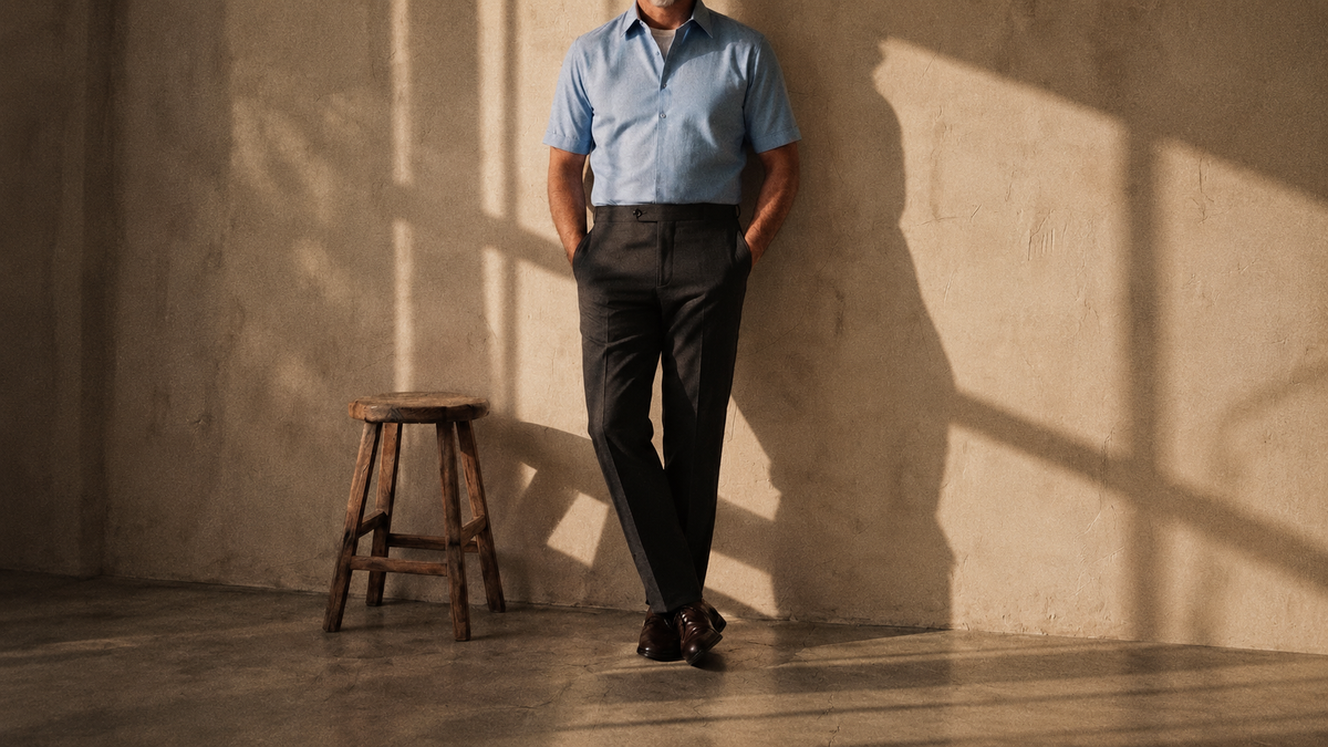 The Short Sleeve Jack 160 in Sky Blue Indian Cotton worn