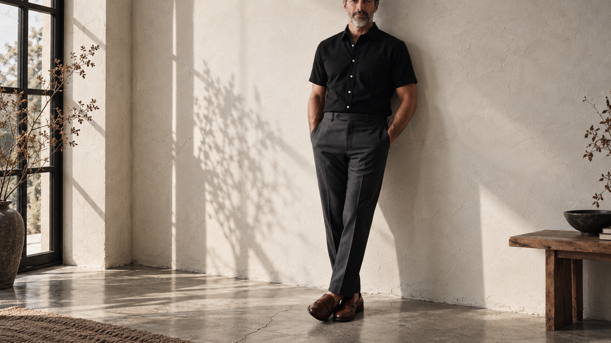 The Short Sleeve Jack 160 in Onyx Indian Cotton worn