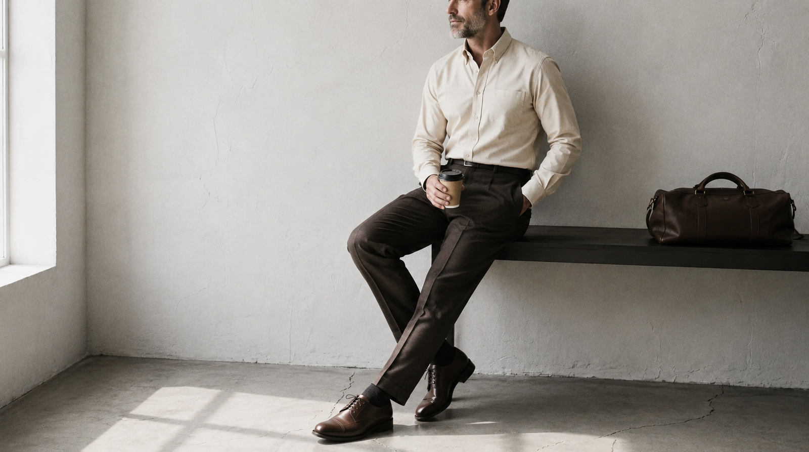 The Atticus 160 in Honeyed Oat Pinpoint Oxford Cotton worn