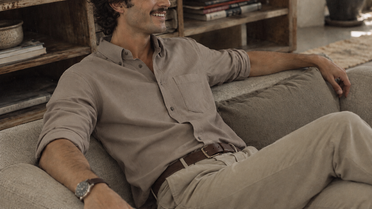 The Atticus 125 in Warm Taupe Linen worn