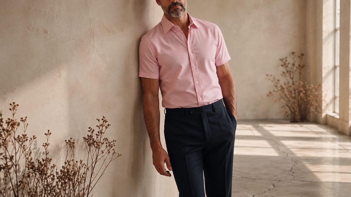 The Short Sleeve Jack 160 in Pink Whisper Indian Cotton worn