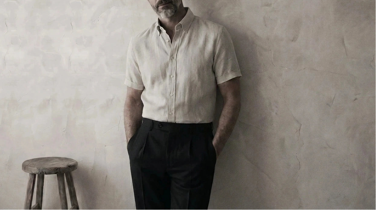 The Short Sleeve Atticus 120 in Warm Ivory Cotton Flax worn