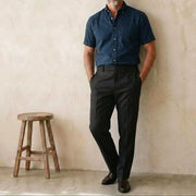 The Short Sleeve Atticus 120 in Regal Blue Cotton Flax