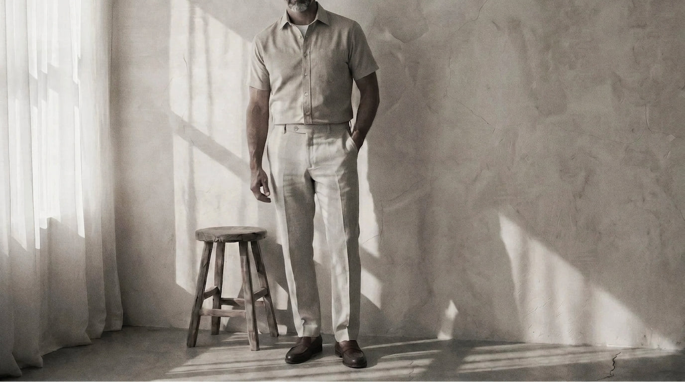 The Short Sleeve Mercier 160 in Warm Sand Indian Cotton worn