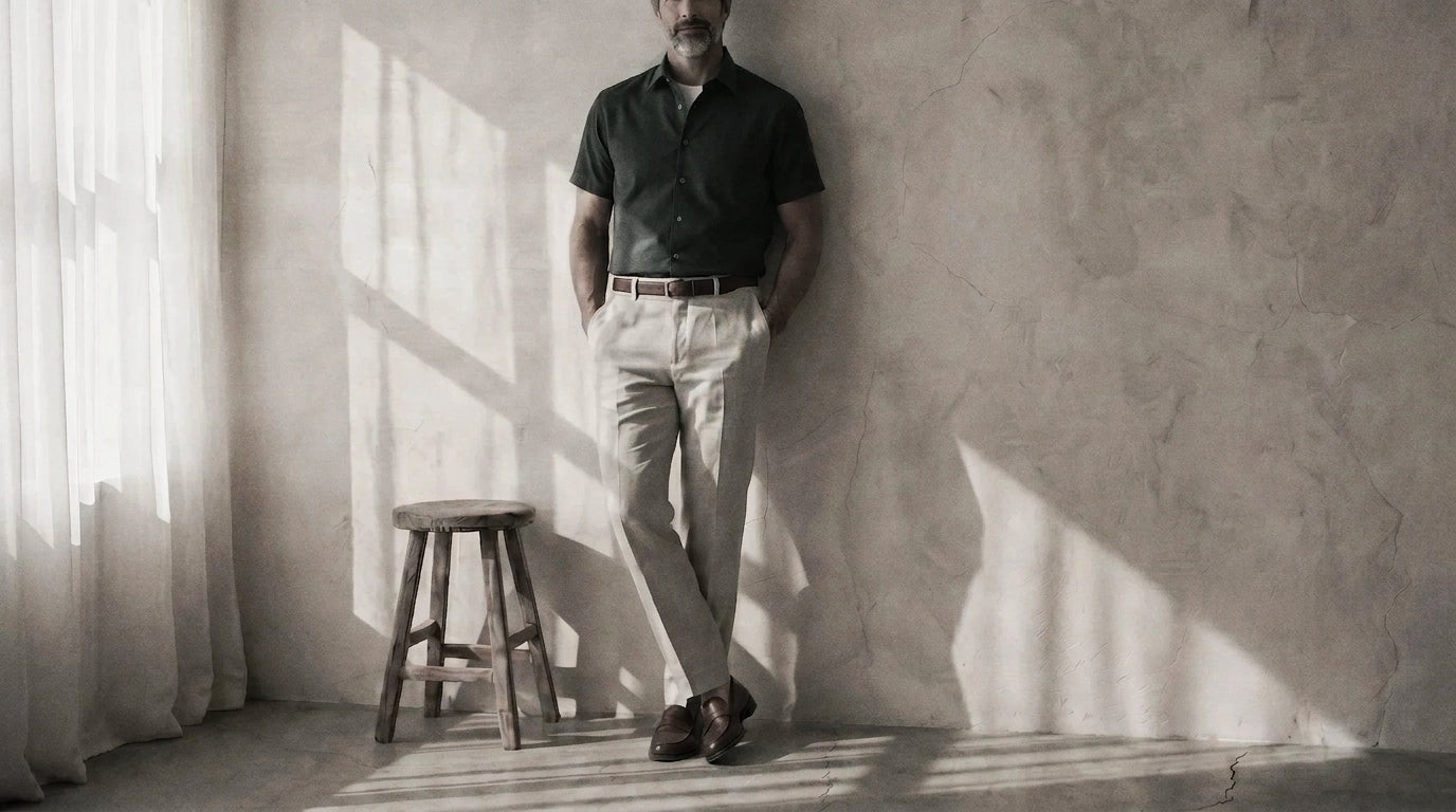 The Short Sleeve Mercier 160 in Deep Olive Indian Cotton worn
