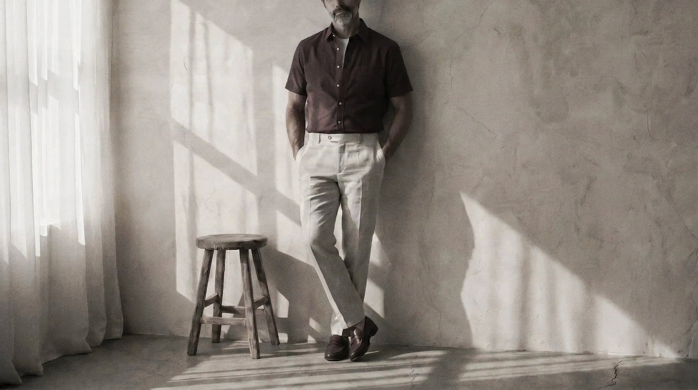 The Short Sleeve Mercier 160 in Berry Red Indian Cotton worn