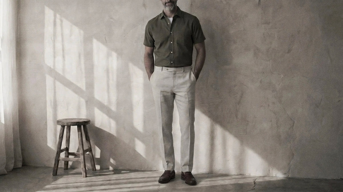The Short Sleeve Jack 160 in Moss Green Indian Cotton worn