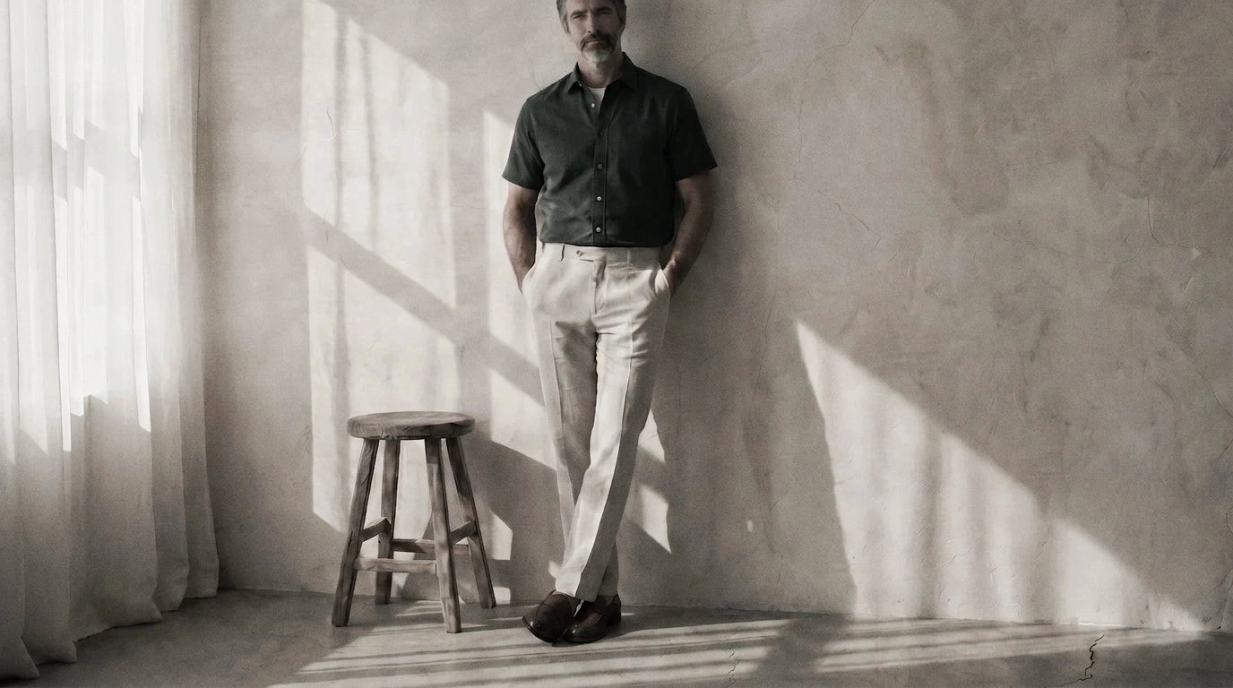 The Short Sleeve Mercier 140 in Dark Forest Linen worn