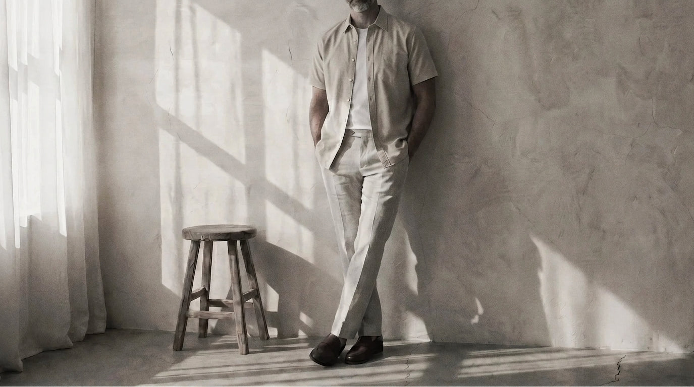 The Short Sleeve Mercier 140 in Soft Yellow Linen worn