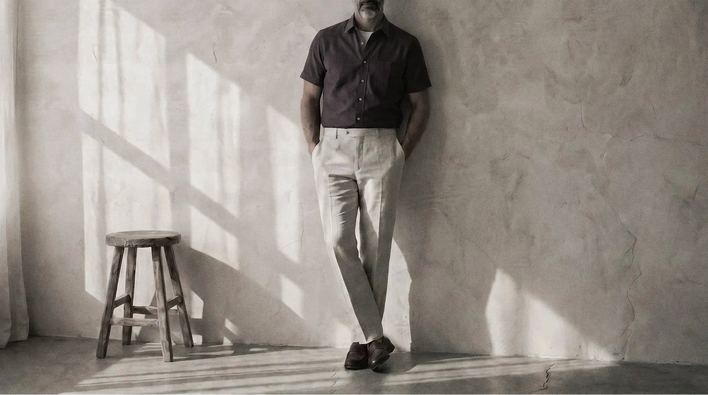The Short Sleeve Mercier 140 in Deep Plum Linen worn
