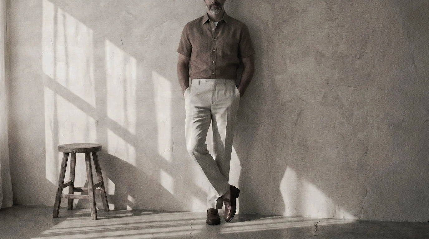 The Short Sleeve Mercier 140 in Soft Terracota Linen worn