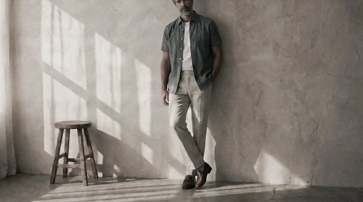 The Short Sleeve Mercier 140 in Muted Teal Linen worn