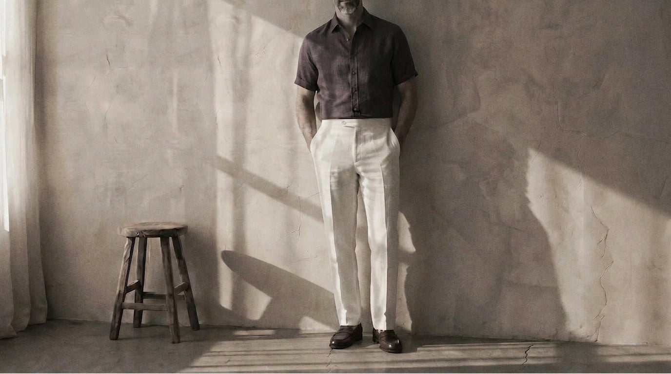 The Short Sleeve Mercier 125 in Smoked Plum Linen worn