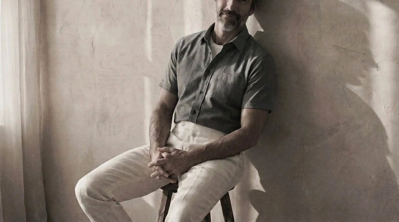 The Short Sleeve Mercier 125 in Muted Slate Linen worn