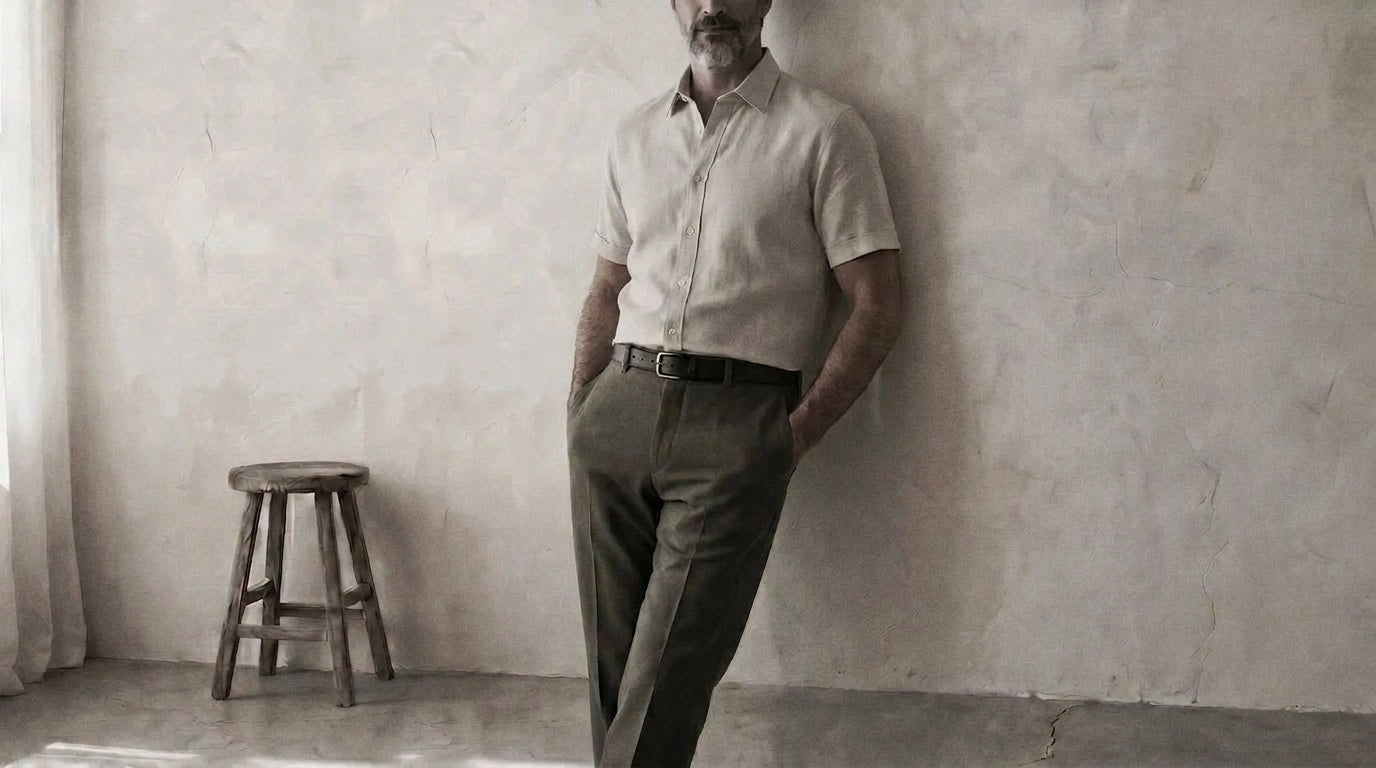 The Short Sleeve Mercier 120 in Ecru Beige Cotton Flax worn