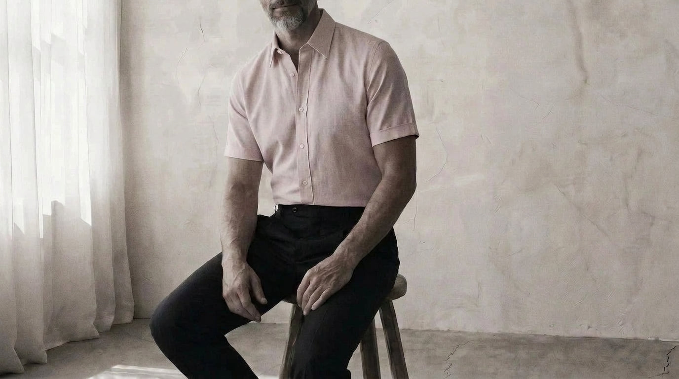 The Short Sleeve Mercier 120 in Misty Pink Cotton Flax worn