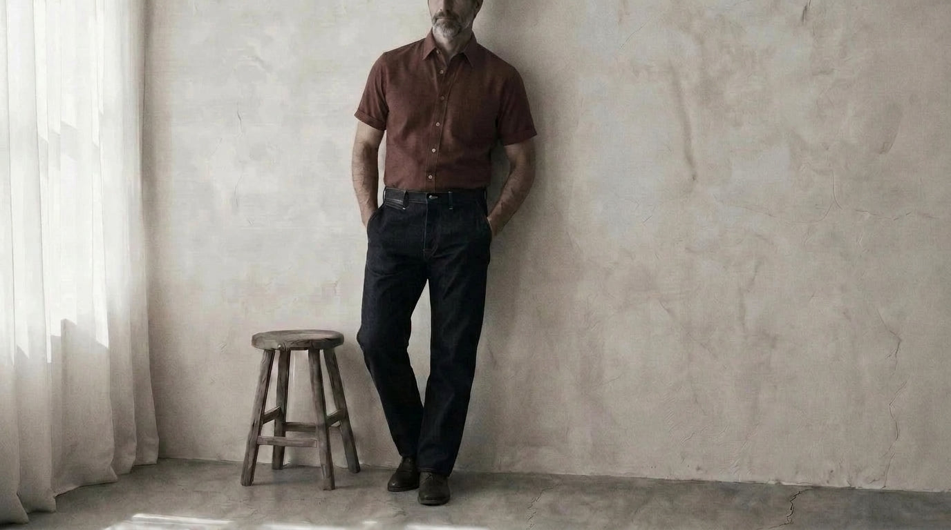The Short Sleeve Mercier 120 in Cranberry Red Cotton Flax worn