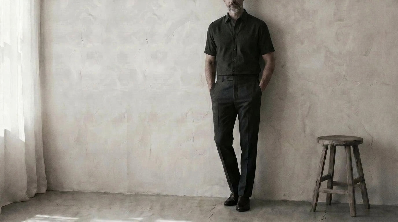 The Short Sleeve Mercier 120 in Ebony Black Cotton Flax worn