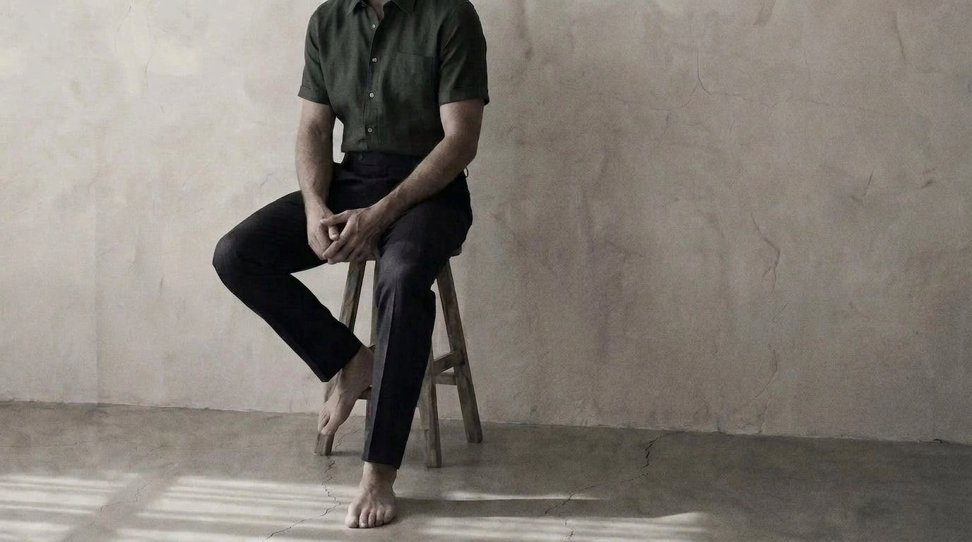 The Short Sleeve Mercier 120 in Deep Olive Cotton Flax worn