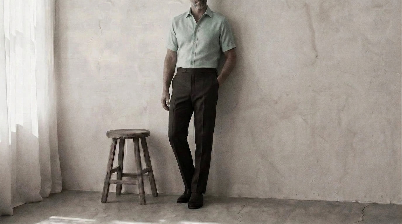 The Short Sleeve Mercier 120 in Peppermint Green Cotton Flax worn