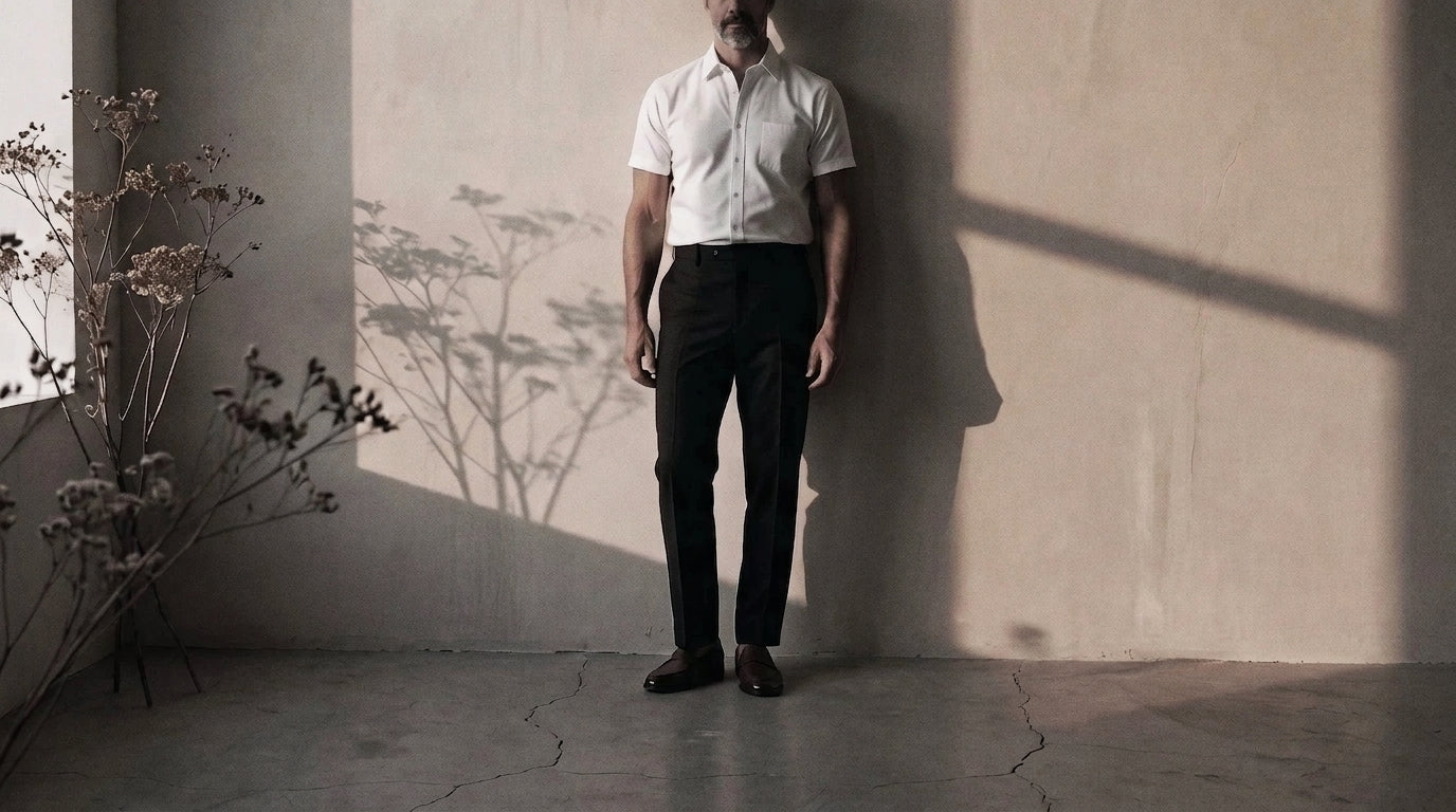 The Short Sleeve Mercier 160 in Arctic Ice Pinpoint Oxford Cotton worn