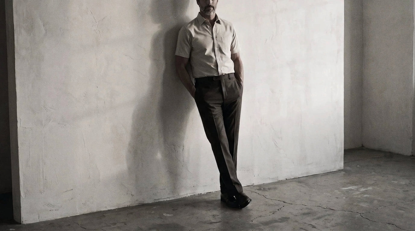 The Short Sleeve Mercier 160 in Almond Milk Pinpoint Oxford Cotton worn