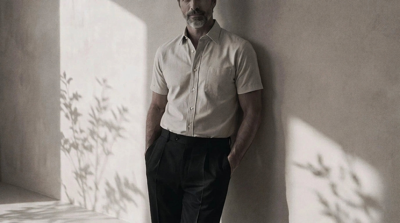 The Short Sleeve Mercier 160 in Honeyed Oat Pinpoint Oxford Cotton worn