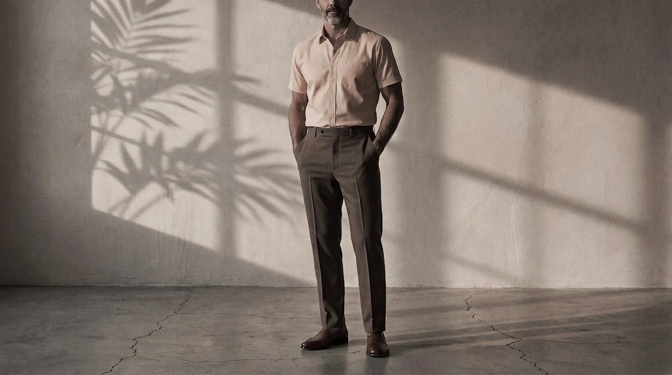 The Short Sleeve Mercier 160 in Dusky Mandarin Pinpoint Oxford Cotton worn
