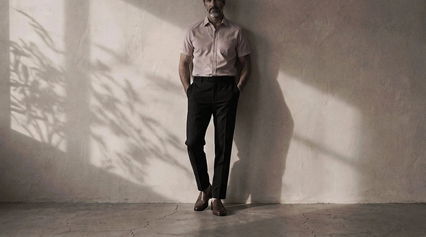 The Short Sleeve Mercier 160 in Rhubarb Pinpoint Oxford Cotton worn