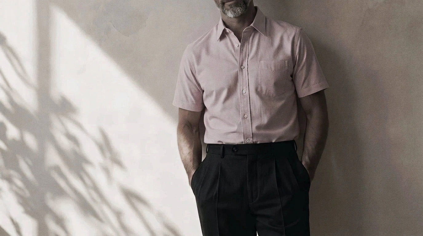 The Short Sleeve Mercier 160 in Blush Pop Pinpoint Oxford Cotton worn